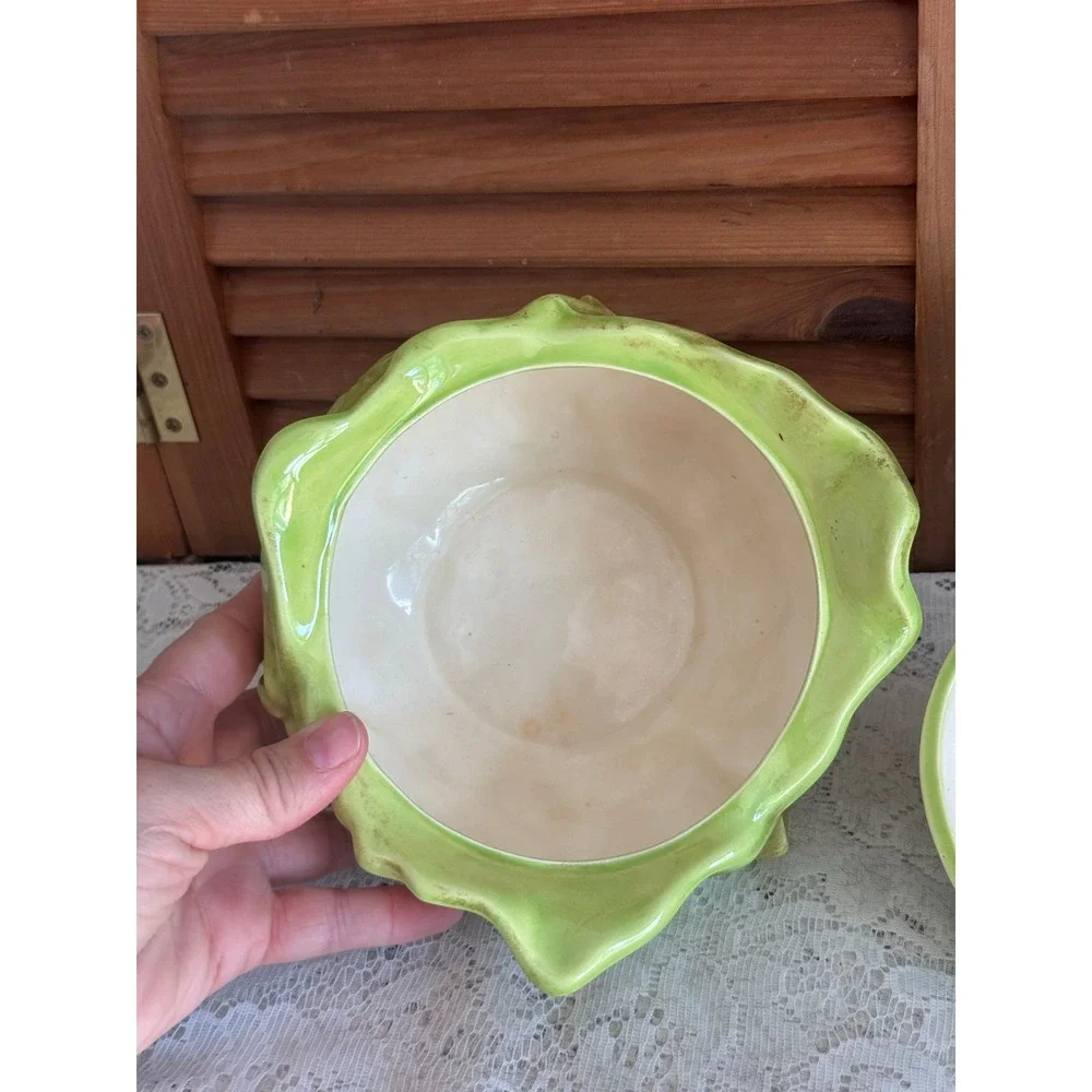 Vintage 1971 Mabel and Orval Kalb Ceramic Cabbage Tureen Green Leaf Lidded Bowl